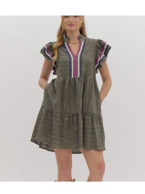 Entro Olive Textured Min Dress With Multi Color Ric Rac Trim Sz S